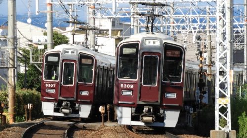 Hankyu Kyoto Line 9300 series trains passing each other