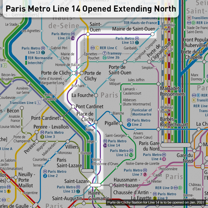 Paris Metro Line 14 extended open "Saint-Lazare - Mairie de Saint-Ouen"