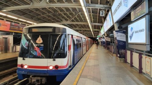 The trains of "BTS Skytrain" running around the metropolitan area of Bangkok