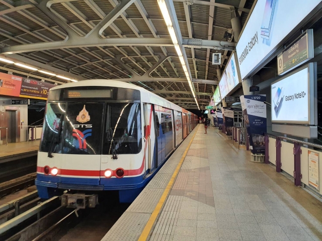 The trains of "BTS Skytrain" running around the metropolitan area of Bangkok