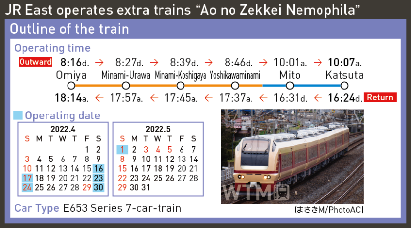 JR East operates extra trains “Ao no Zekkei Nemophila”
