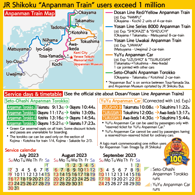 [Chart] A route map of the JR Shikoku "Anpanman Train" and the operation dates and times of the "YuYu Anpanman Car"
