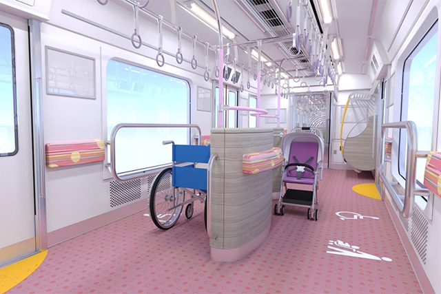 An interior concept of the "large free space" that will be installed on the Keio 2000 series EMU that will begin commercial operation in early 2026 (Courtesy of Keio Corporation)