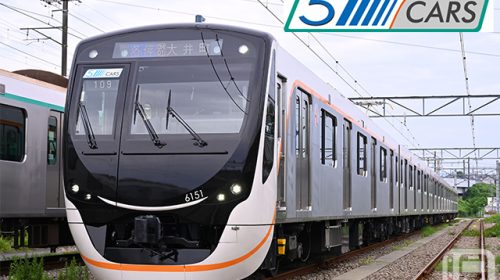 The five-car Tokyu 6020 series EMU, which will be introduced for local service on the Oimachi Line, and the "5CARS" sticker (provided by Tokyu Corporation)